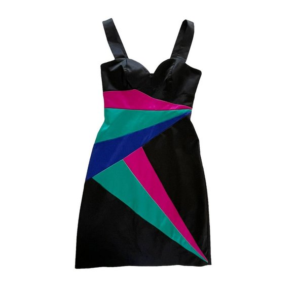 H&M  Black Pink Blue Green Color Block Body Con Sleeveless Dress 80s Sz 2 - Picture 7 of 7